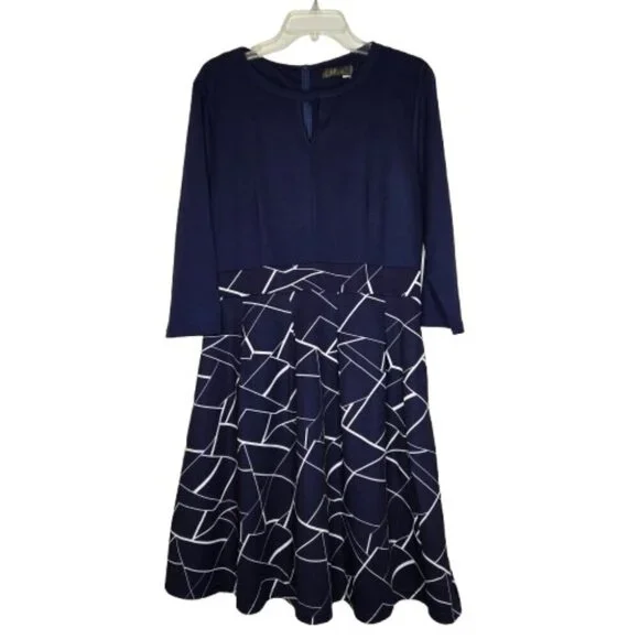 iHot Navy Blue 3/4 Sleeve Midi Pockets Fit and Flare A-Line Swing Dress Sz XL - Picture 5 of 16
